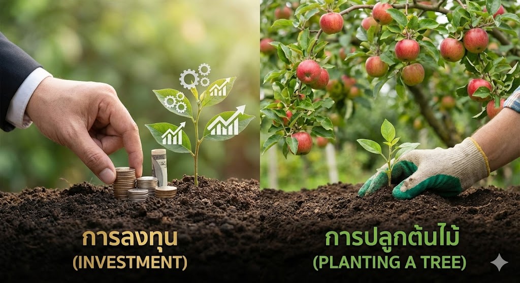 มือของผู้สูงอายุกำลังรดน้ำต้นไม้เล็กๆ ที่กำลังเติบโต มีเหรียญวางอยู่โคนต้นไม้ สื่อถึงการลงทุนระยะยาว