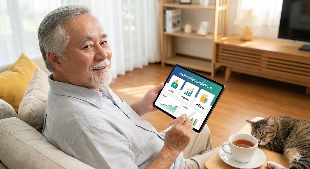 ผู้สูงอายุนั่งจิบกาแฟในสวนพร้อมดูแท็บเล็ตด้วยรอยยิ้ม สื่อถึงการบริหารเงินผ่านเทคโนโลยี