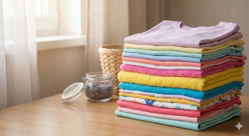 เสื้อผ้าสีสันสดใสพับวางอย่างมีระเบียบ สื่อถึงความสะอาดและหอมสดชื่นหลังซักอบ