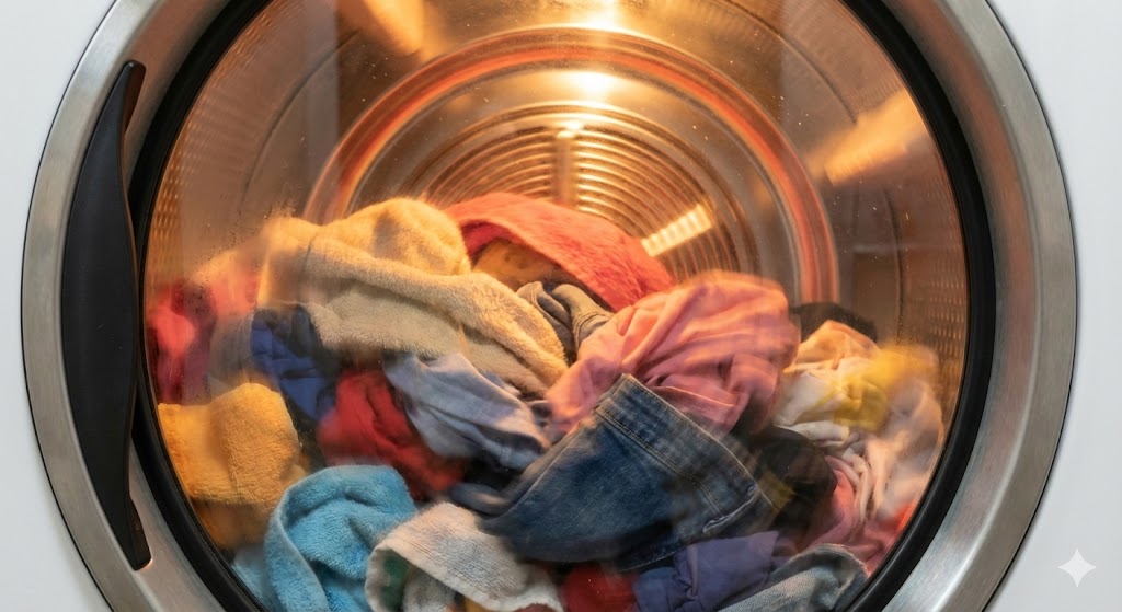 ภายในเครื่องอบผ้าขณะทำงาน มีแสงสว่างสีส้มสื่อถึงอุณหภูมิความร้อนที่ช่วยดับกลิ่นอับ