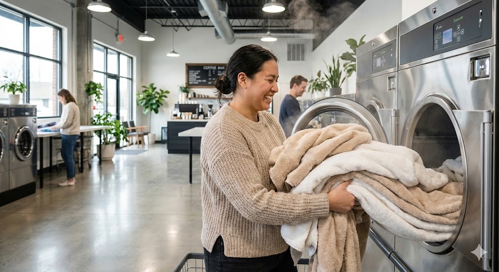 ลูกค้ากำลังนำผ้าห่มนุ่มฟูออกจากเครื่องอบผ้าในร้านสะดวกซักที่สว่างและสะอาด