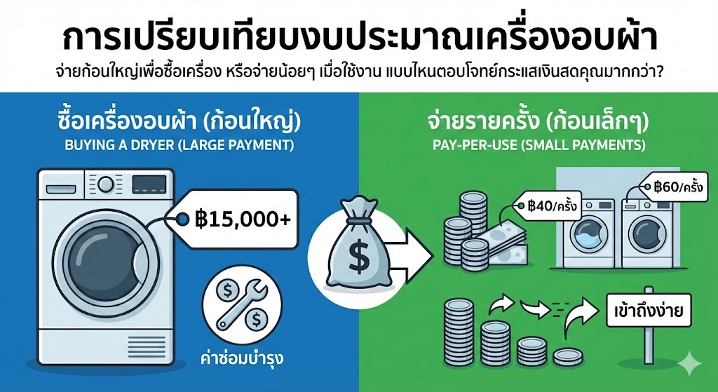 อินโฟกราฟิกเปรียบเทียบค่าใช้จ่ายซื้อเครื่องอบผ้าเอง vs ใช้บริการร้านสะดวกซัก