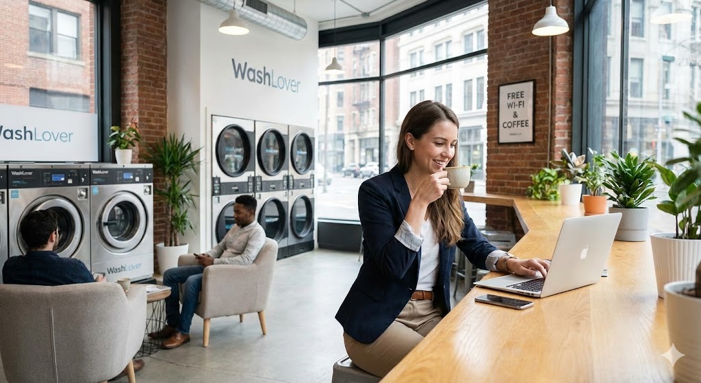 ลูกค้านั่งทำงานชิลล์ๆ ขณะรอผ้าแห้งที่ร้านสะดวกซัก WashLover