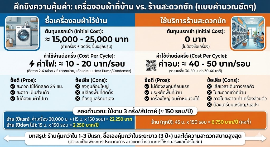 เปรียบเทียบความคุ้มค่าระหว่างการซื้อเครื่องอบผ้าไว้ที่บ้านกับการใช้บริการร้านสะดวกซัก WashLover สำหรับชาวคอนโด