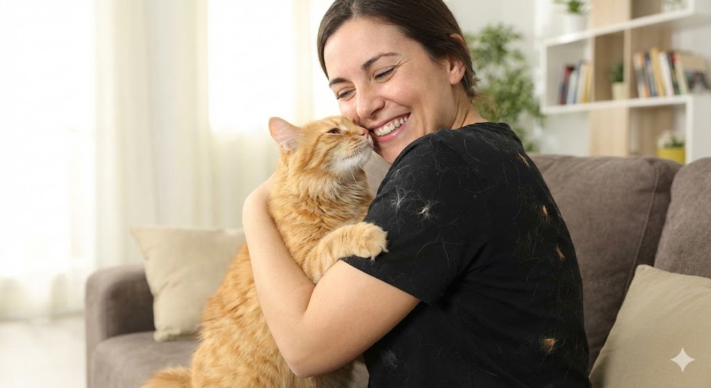 ทาสแมวกอดน้องแมวและมีขนติดเสื้อสีดำ ปัญหาขนสัตว์ติดเสื้อผ้าที่แก้ยาก