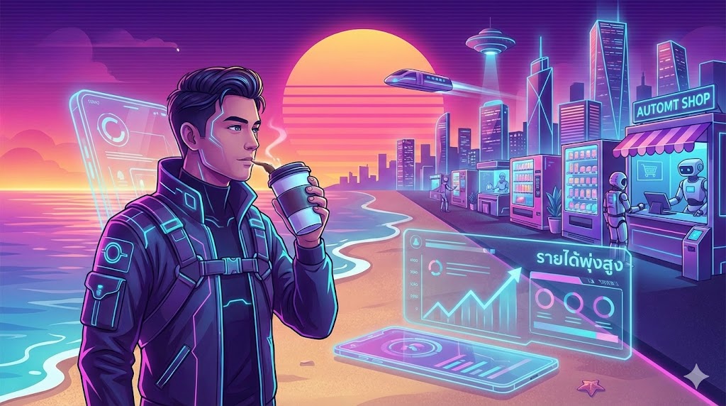 เจ้าของธุรกิจนั่งทำงานผ่านมือถือริมทะเล กราฟรายได้พุ่ง แสดงเทรนด์ธุรกิจแฟรนไชส์ 2026 แบบไม่ต้องจ้างพนักงาน
