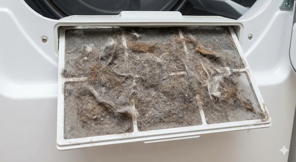 ฟิลเตอร์เครื่องอบผ้าที่เต็มไปด้วยขนแมวและขนสุนัข แสดงให้เห็นประสิทธิภาพการกำจัดขนสัตว์