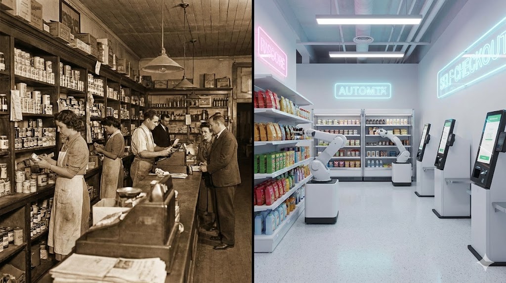 เปรียบเทียบร้านค้าแบบเก่าที่มีพนักงานวุ่นวายกับร้านค้าอัตโนมัติยุคใหม่ ธุรกิจแฟรนไชส์น่าลงทุนปี 2026