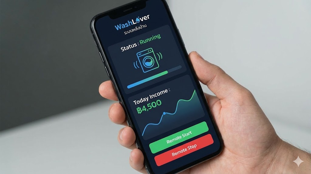 หน้าจอแอปพลิเคชันระบบ IoT ของ WashLover แสดงยอดรายได้และสถานะเครื่องซักผ้า บริหารร้านสะดวกซักได้ผ่านมือถือ
