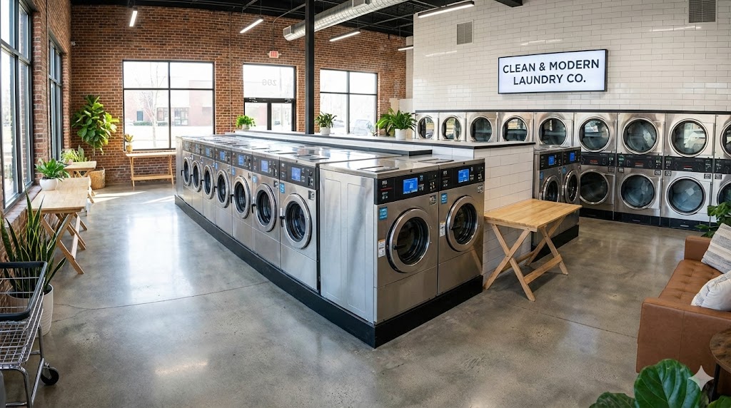 เครื่องซักผ้าและเครื่องอบผ้าอุตสาหกรรมขนาดใหญ่ในร้าน WashLover